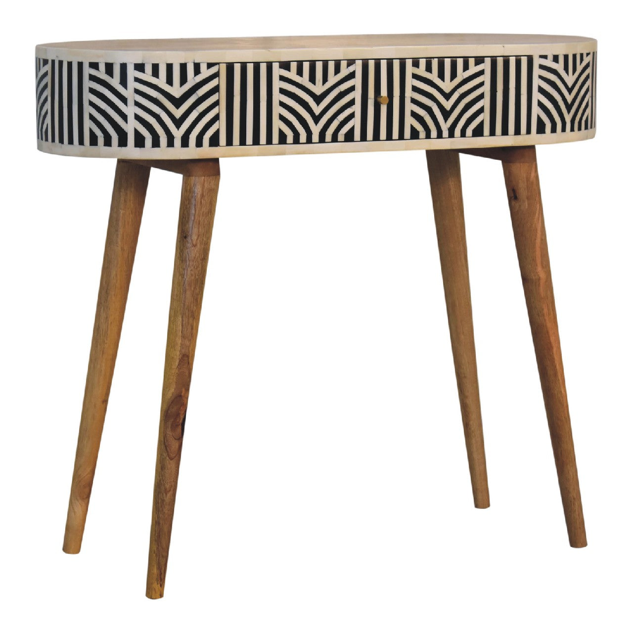 Boho oak inlay dressing table close-up of geometric pattern detail