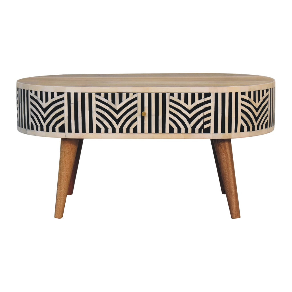 Boho inlay coffee table side view showing Nordic legs