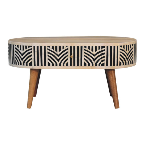 Boho inlay coffee table side view showing Nordic legs