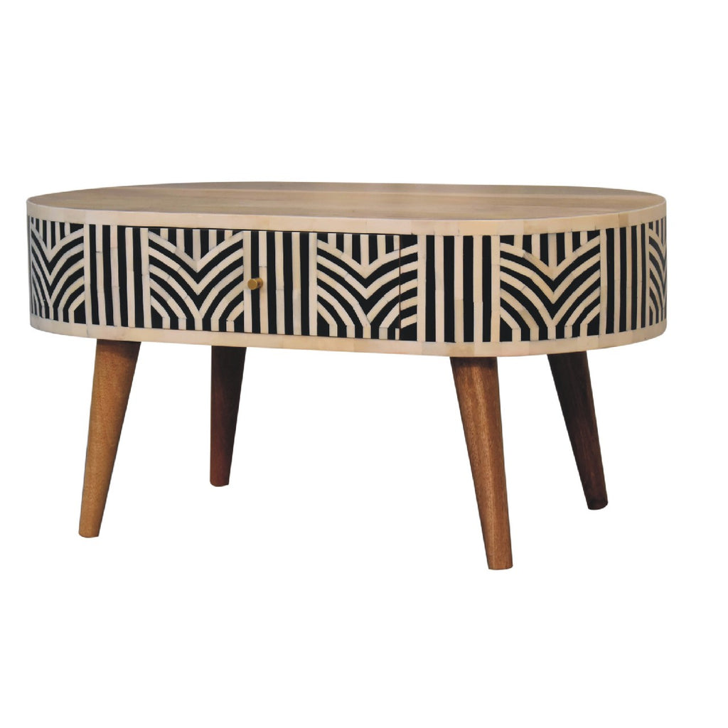 Boho inlay coffee table close-up of geometric inlay pattern