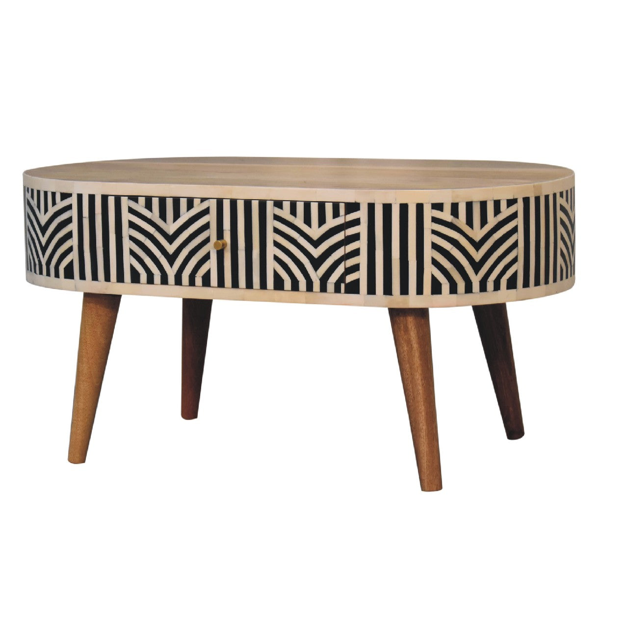 Boho inlay coffee table close-up of geometric inlay pattern