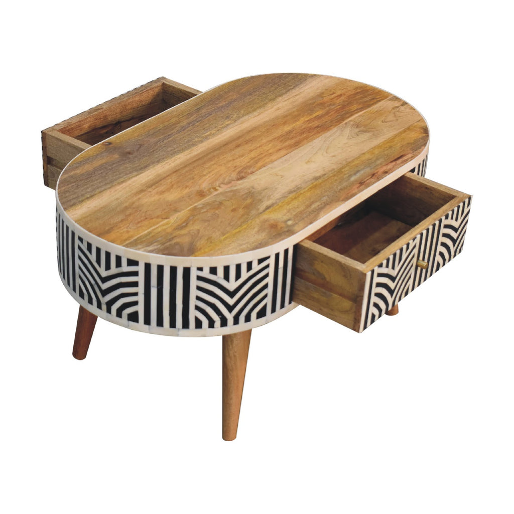 Boho inlay coffee table lifestyle modern living room setting