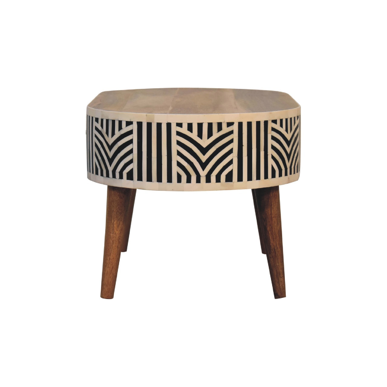Boho inlay oak coffee table full living room context view
