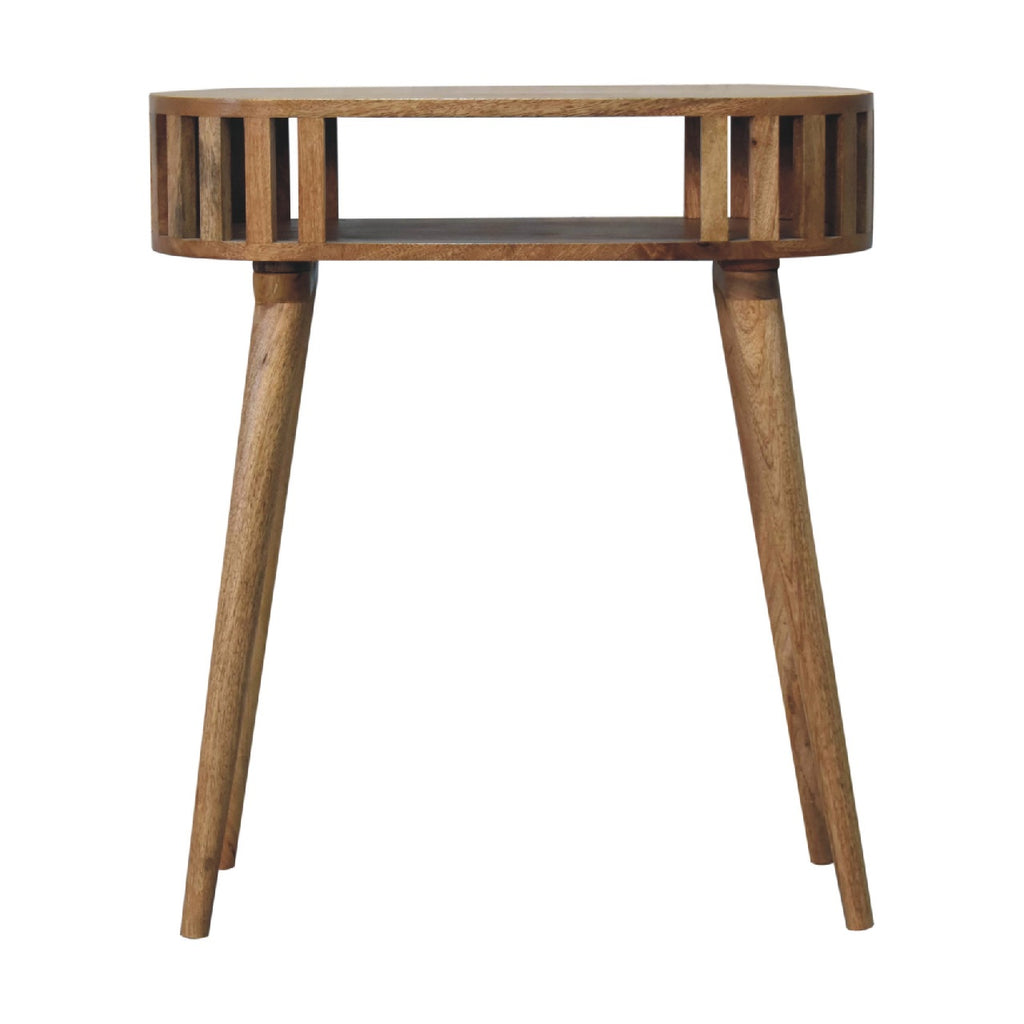 Ariella Japandi console table solid mango wood in oak finish with open shelf – front view