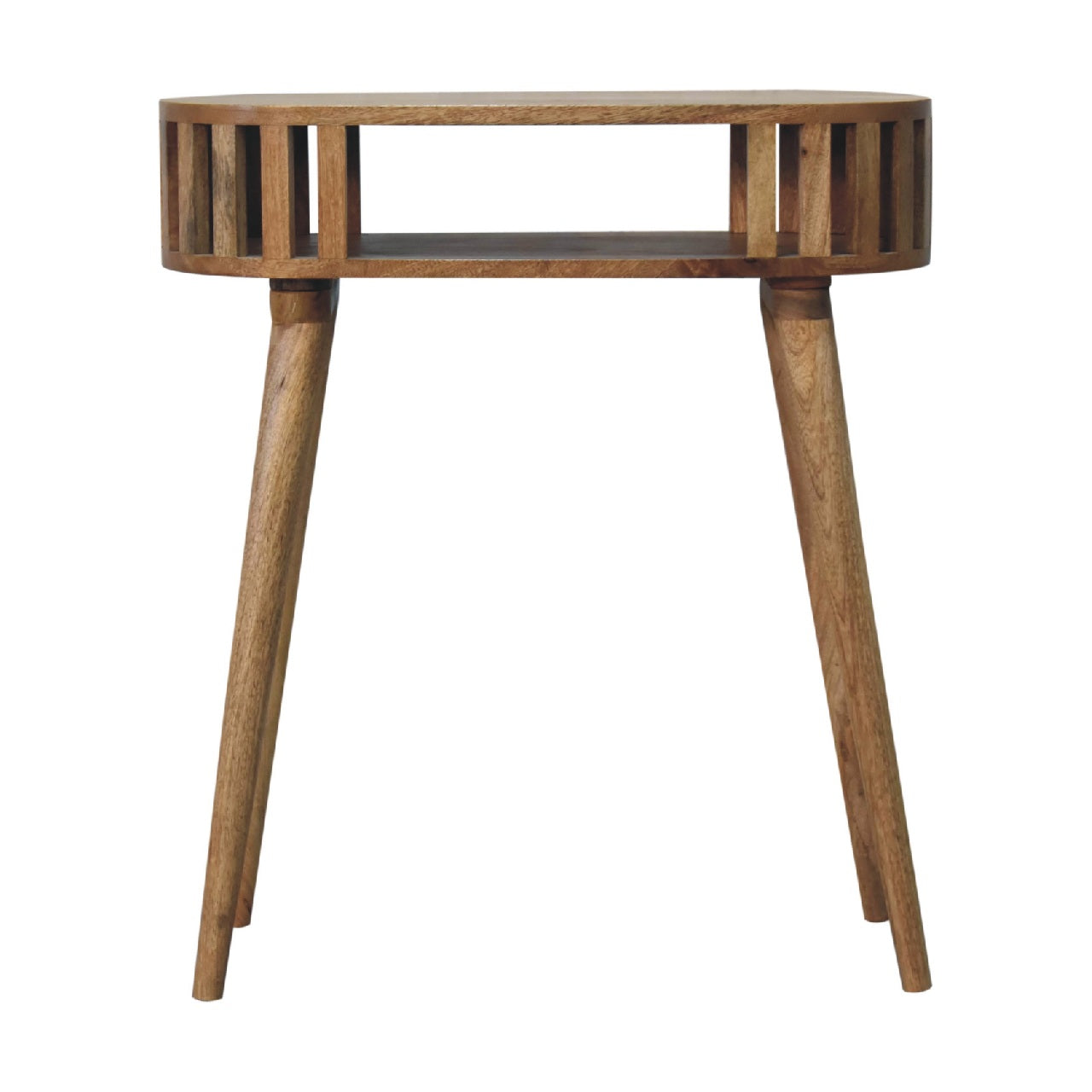 Ariella Japandi console table solid mango wood in oak finish with open shelf – front view