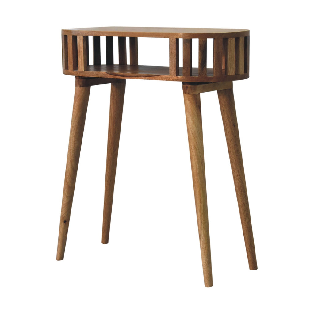 Ariella console table side view showing light-filtering slatted design