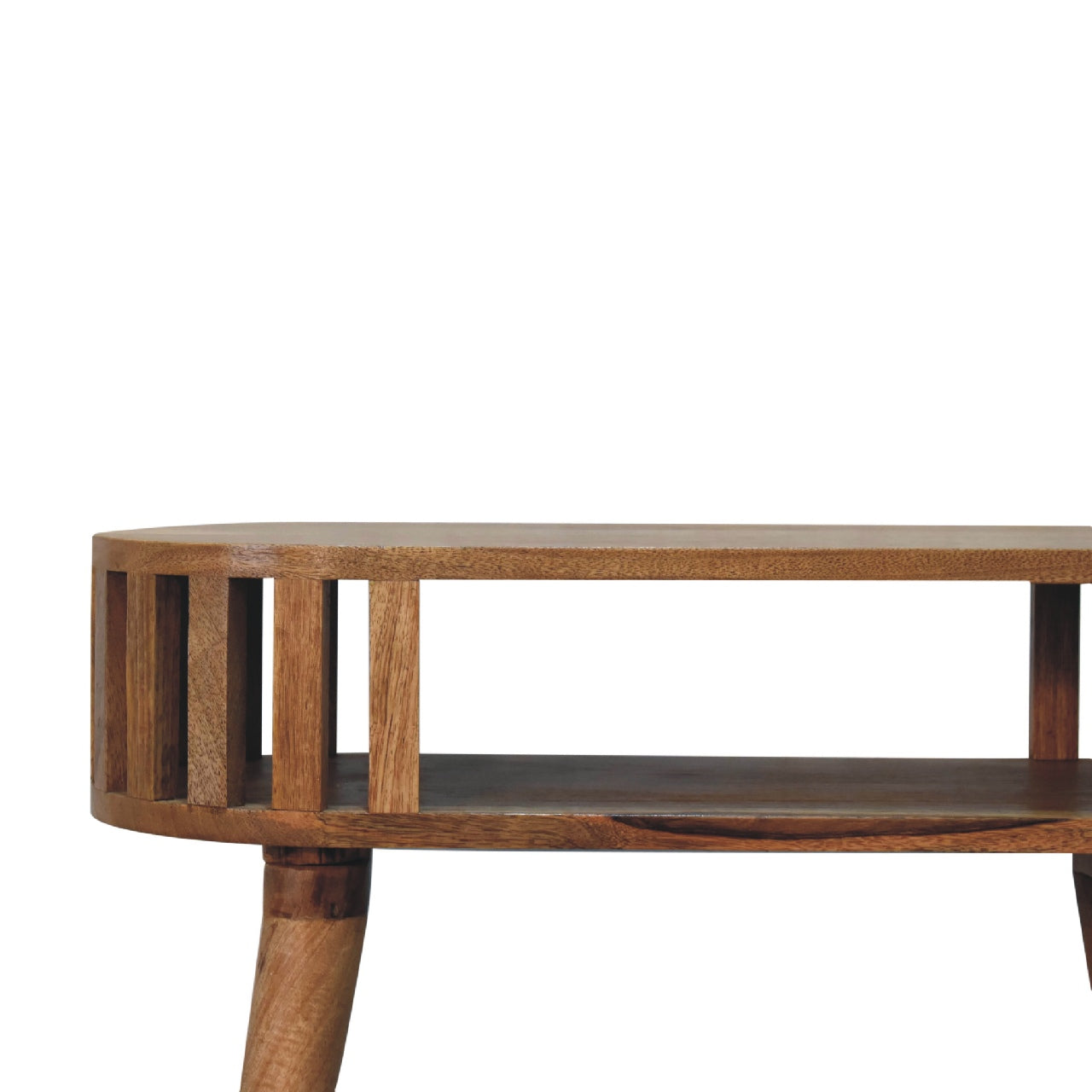 Ariella mango wood console close-up of slatted lower shelf