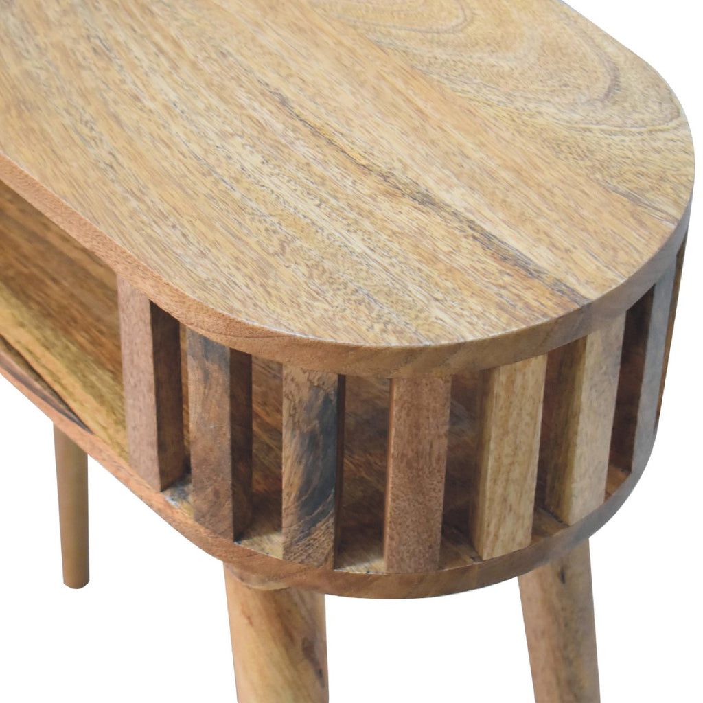 Ariella oak console table angled view showing full profile
