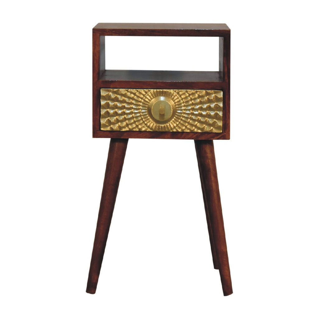 Eden mini chestnut bedside side view showing Nordic legs