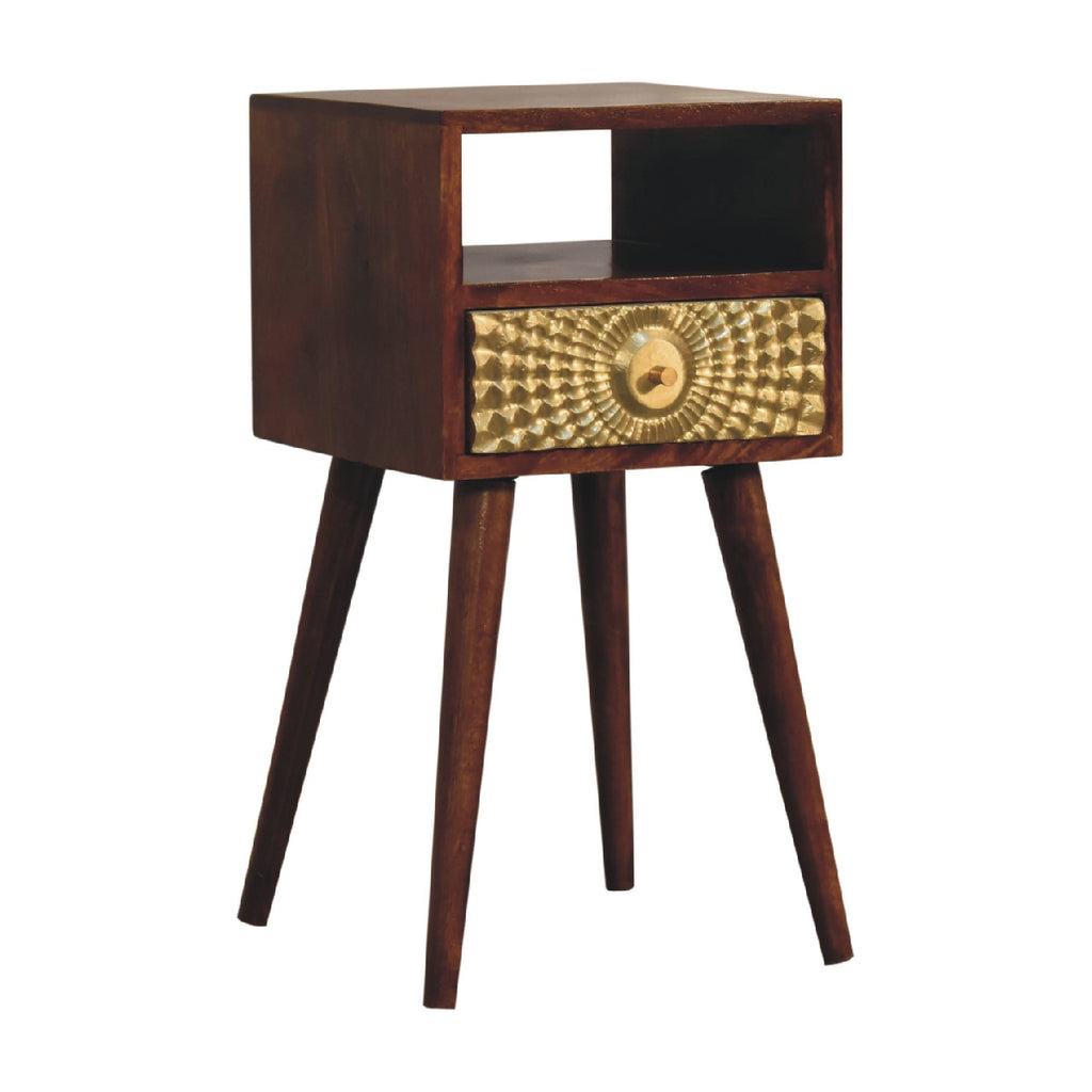 Eden chestnut bedside drawer close-up of hand-carved brass pattern