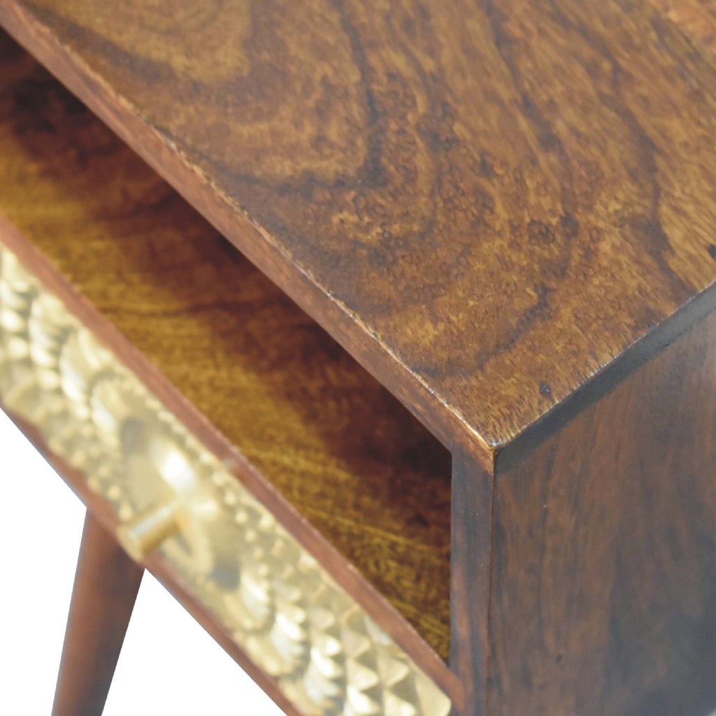 Eden mini chestnut bedside angled view showing carved detail