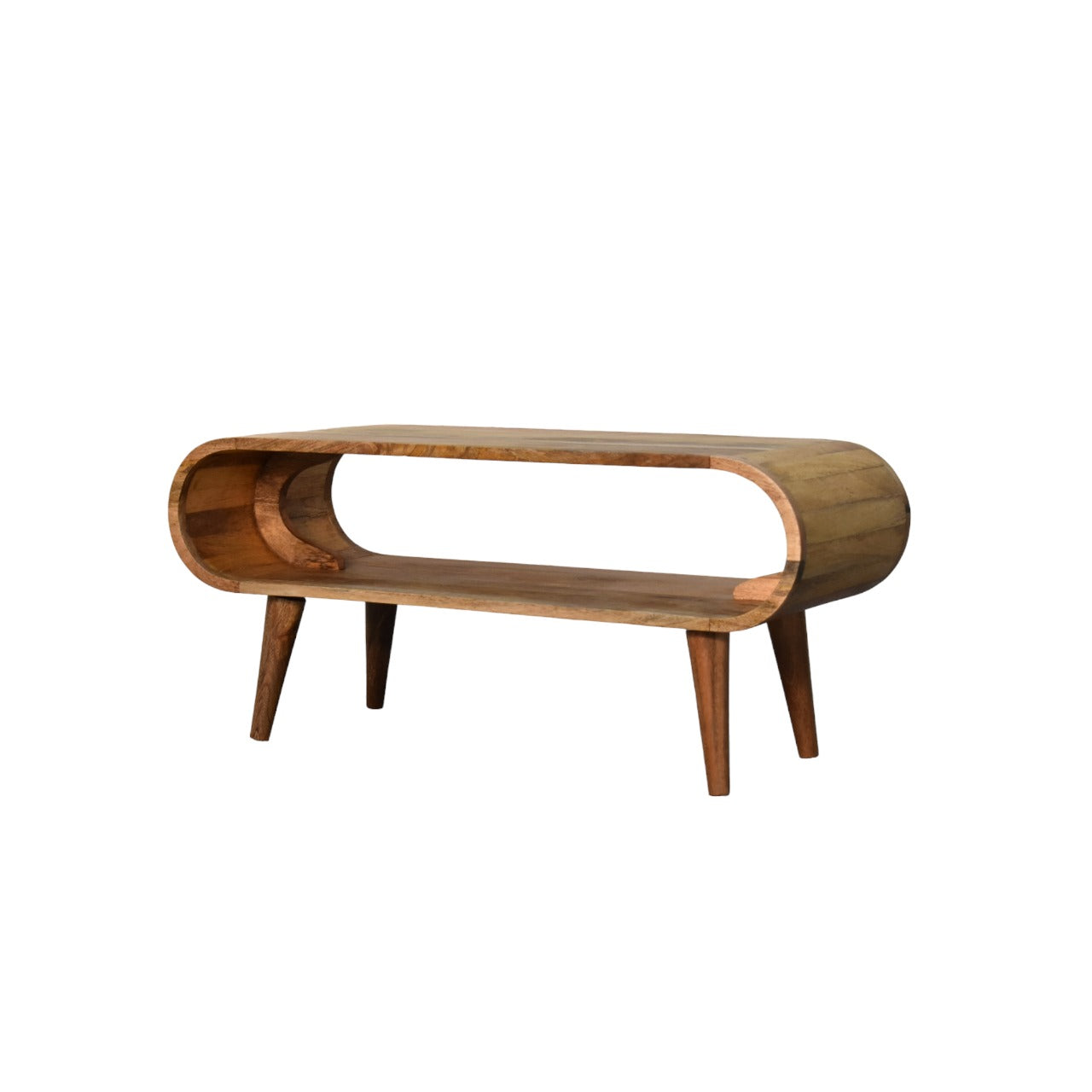 Nordic coffee table open media shelf with books or items