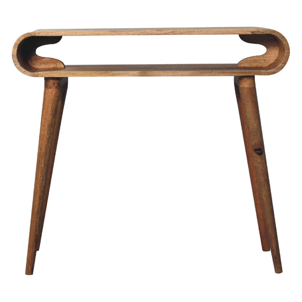 Amaya oak console table rear view showing open slot design