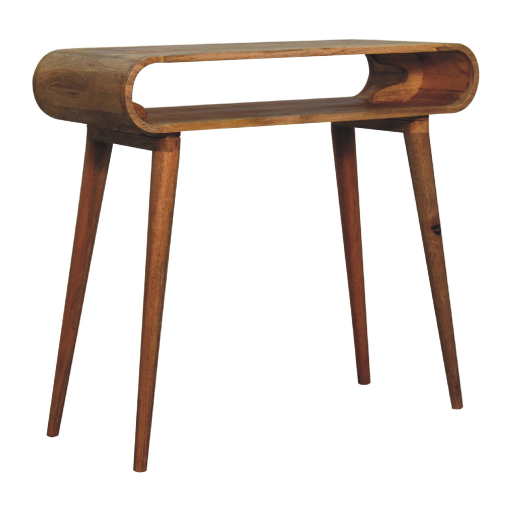 Amaya oak console angled view showing tapered legs