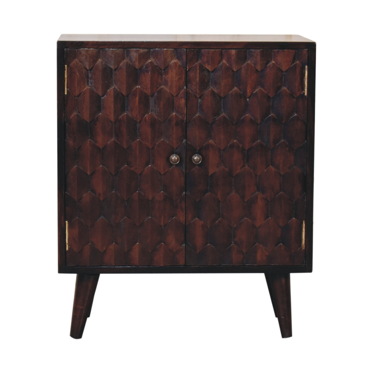 Tuscany walnut cabinet side view showing Nordic legs