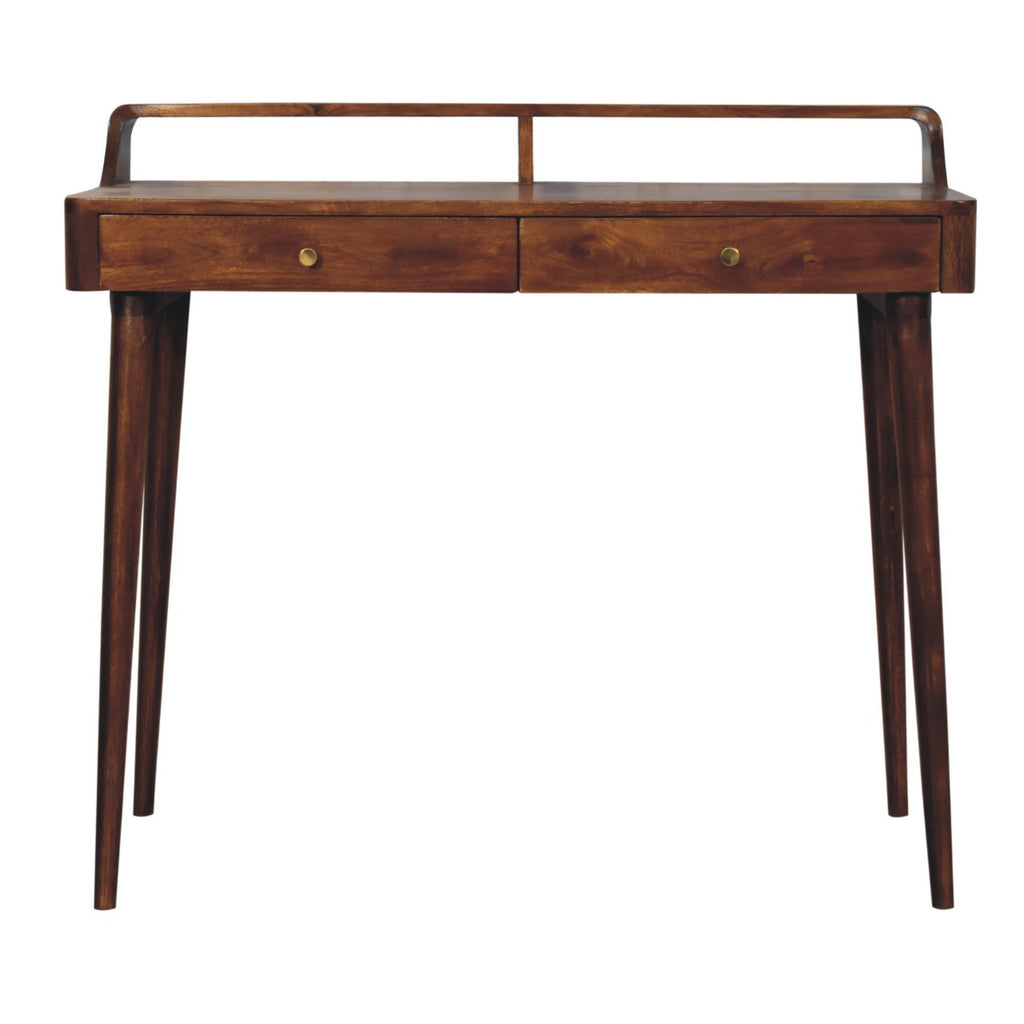 Elevated chestnut console table solid mango wood with Nordic legs and raised back – front view