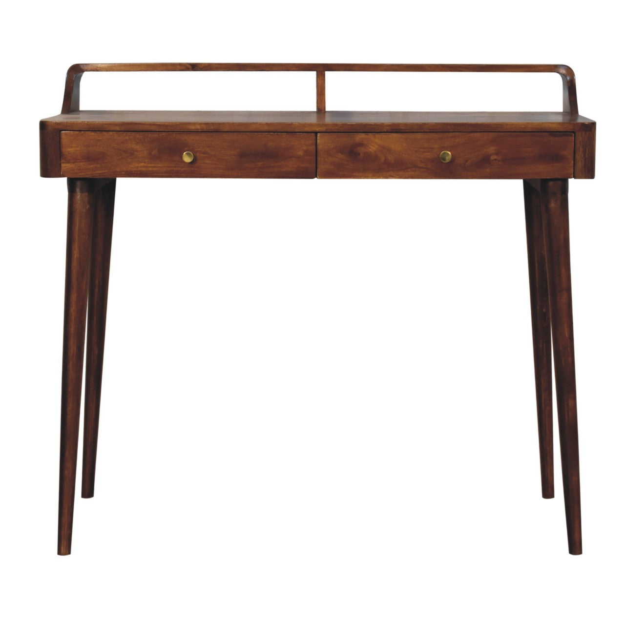 Elevated chestnut console table solid mango wood with Nordic legs and raised back – front view