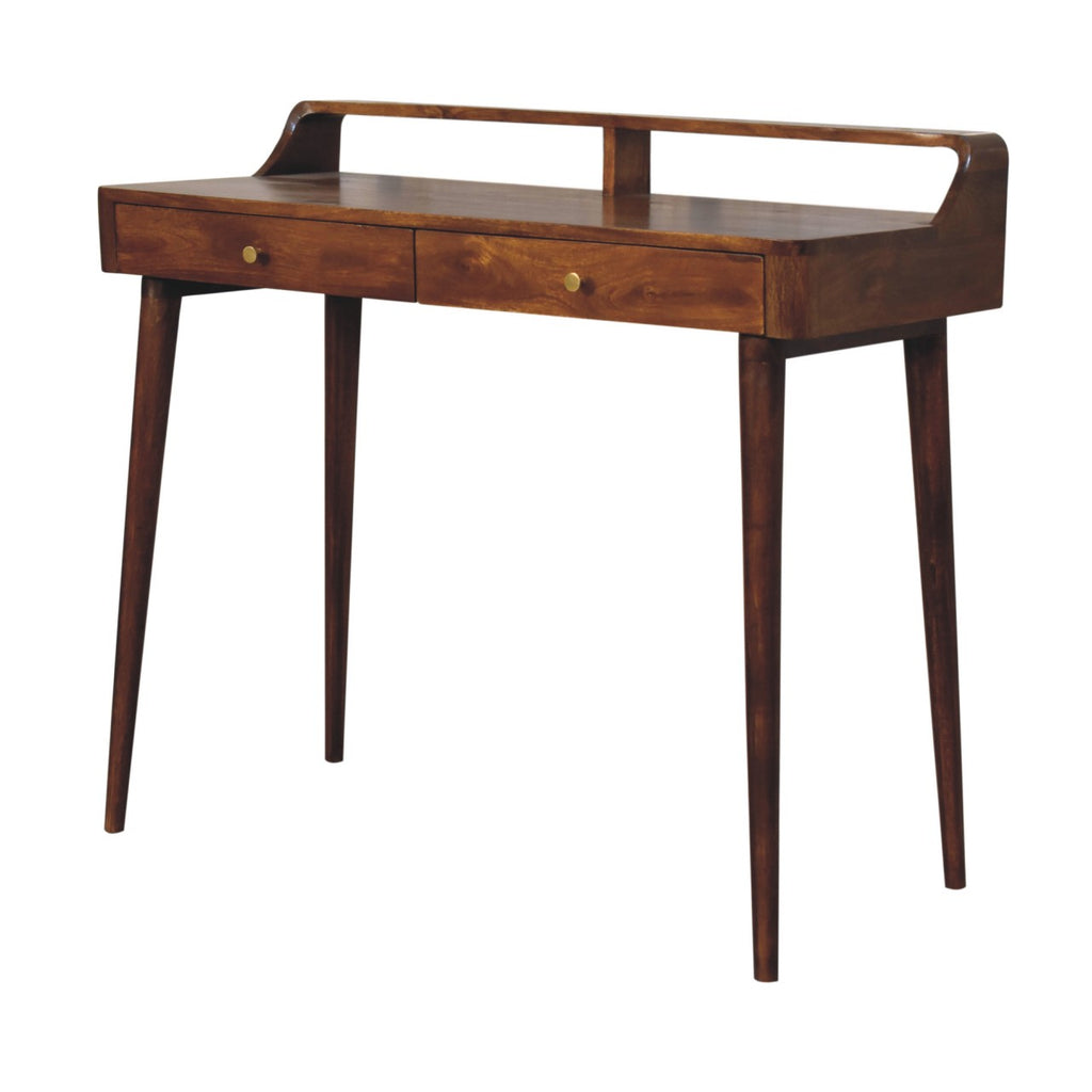 Elevated chestnut console table side view showing 2 drawers