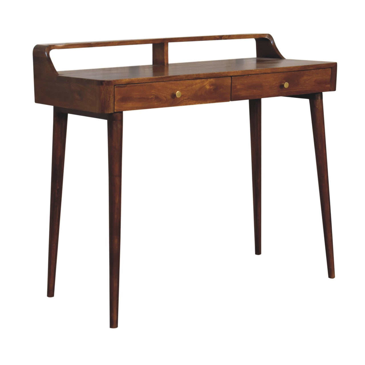 Elevated console table drawer detail with pull hardware in chestnut