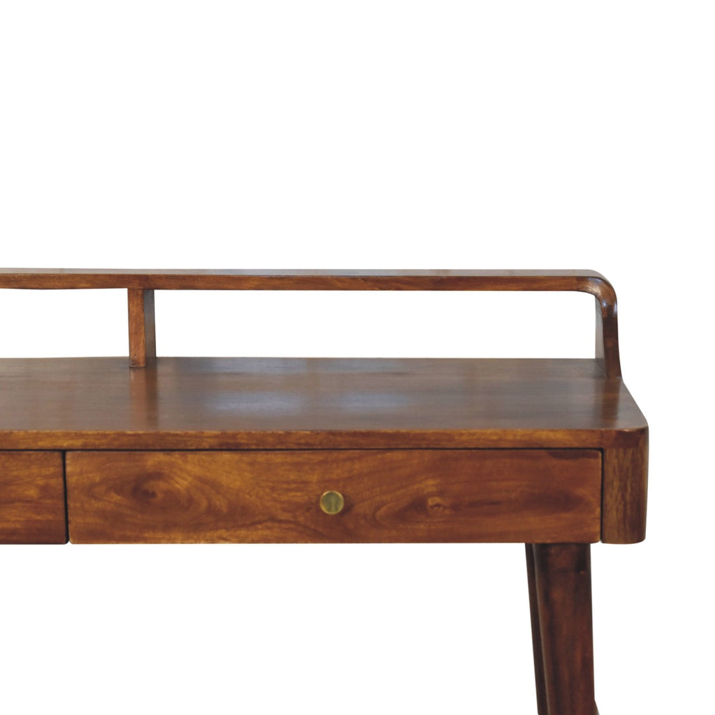 Elevated chestnut console table in hallway setting