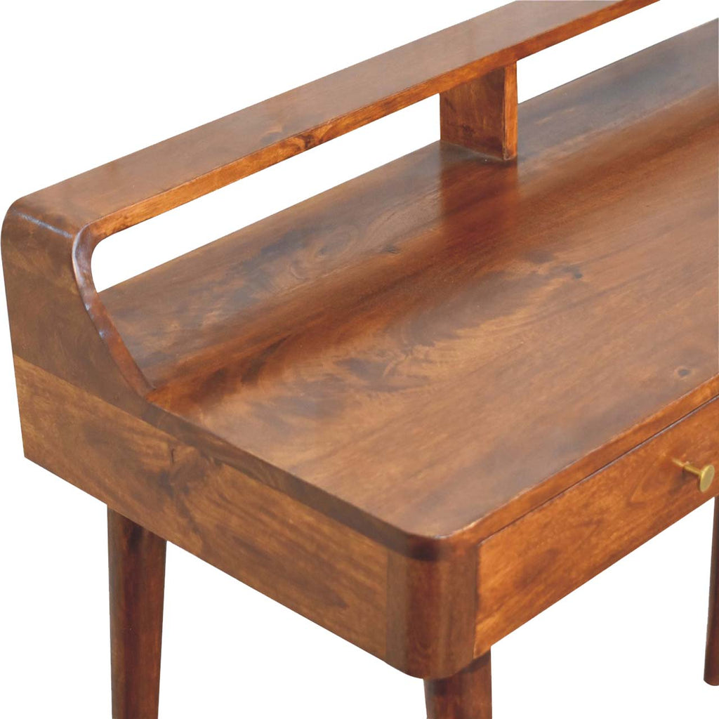 Elevated console table mango wood top surface detail