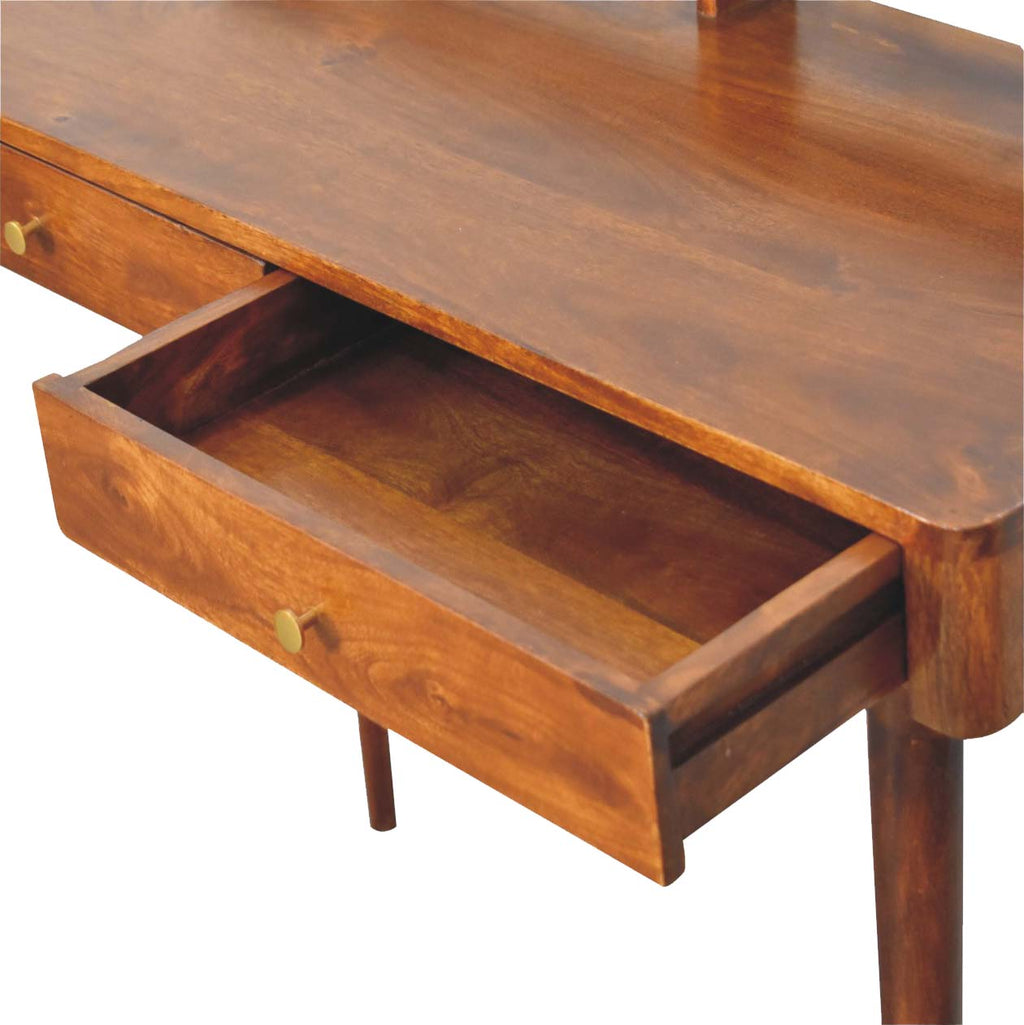 Elevated chestnut console table angled view showing full profile