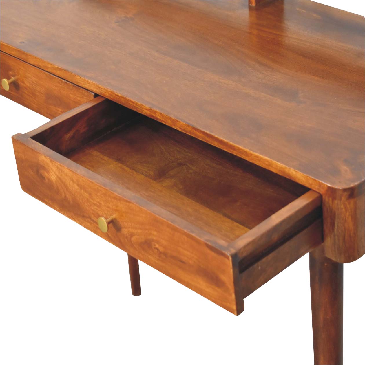 Elevated chestnut console table angled view showing full profile