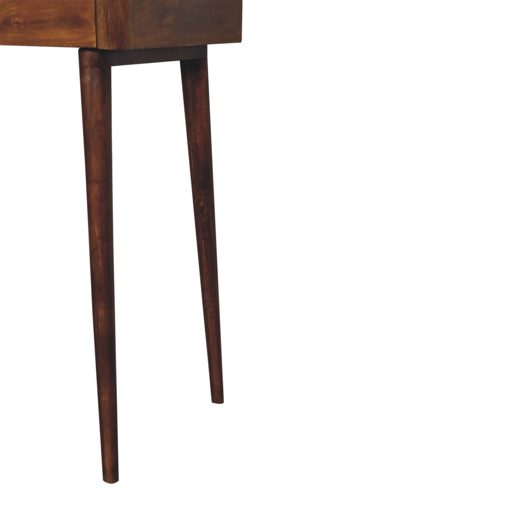 Elevated chestnut console table rear view