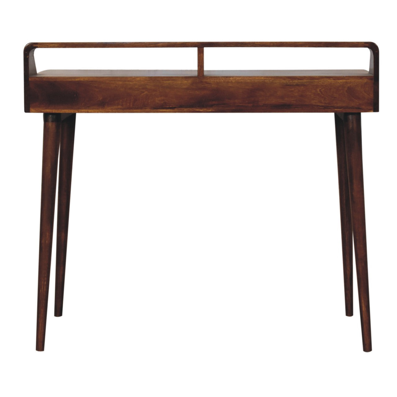 Elevated chestnut console table lifestyle entryway setting