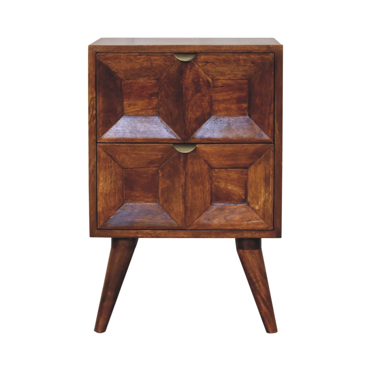 Quad solid mango wood bedside table in chestnut finish with quad-design drawers – front view