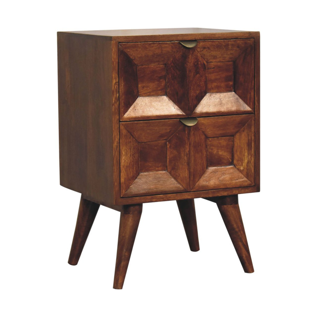 Quad mango wood bedside table chestnut finish – side profile showing Nordic-style legs