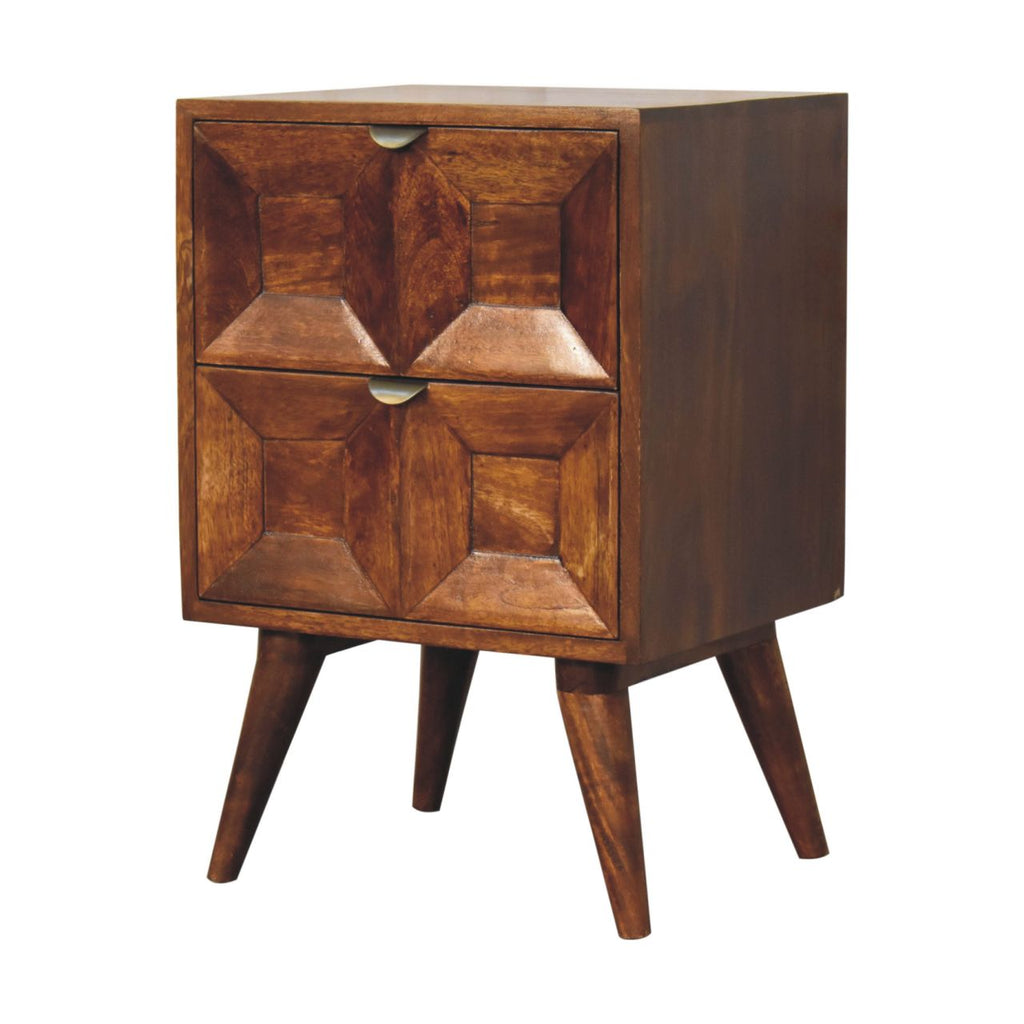 Quad bedside table drawer detail with pull handle hardware in chestnut finish