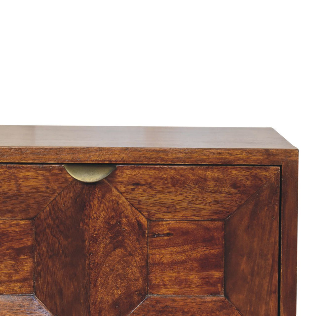 Quad chestnut bedside table styled in compact bedroom interior