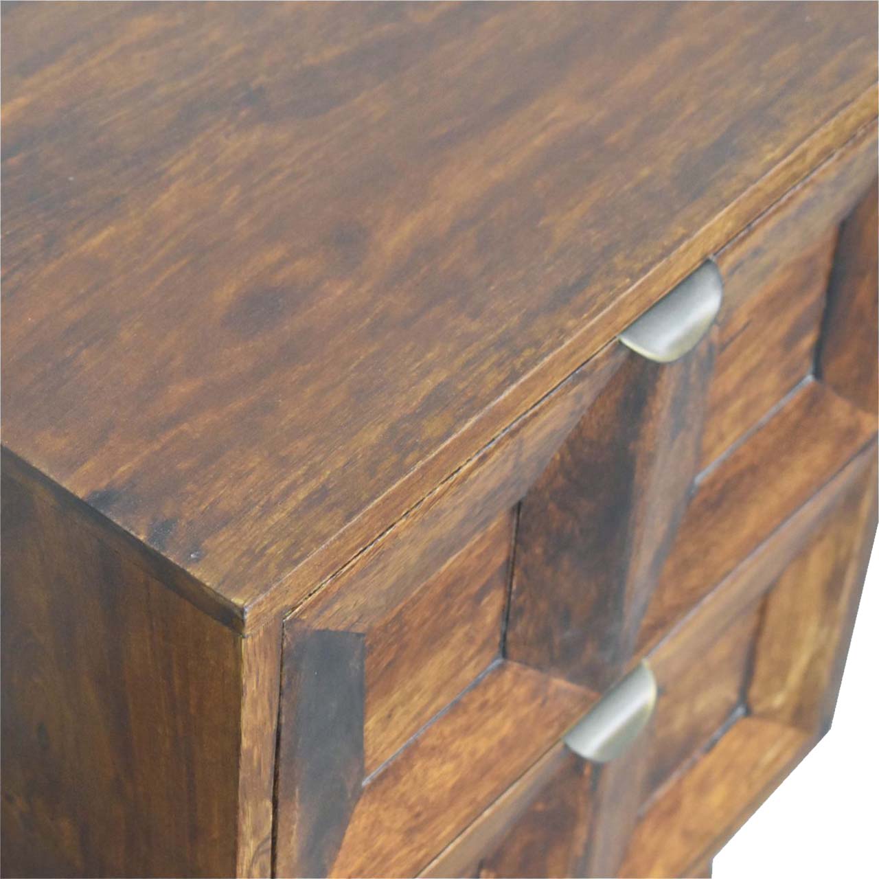 Quad solid mango wood bedside table top surface detail