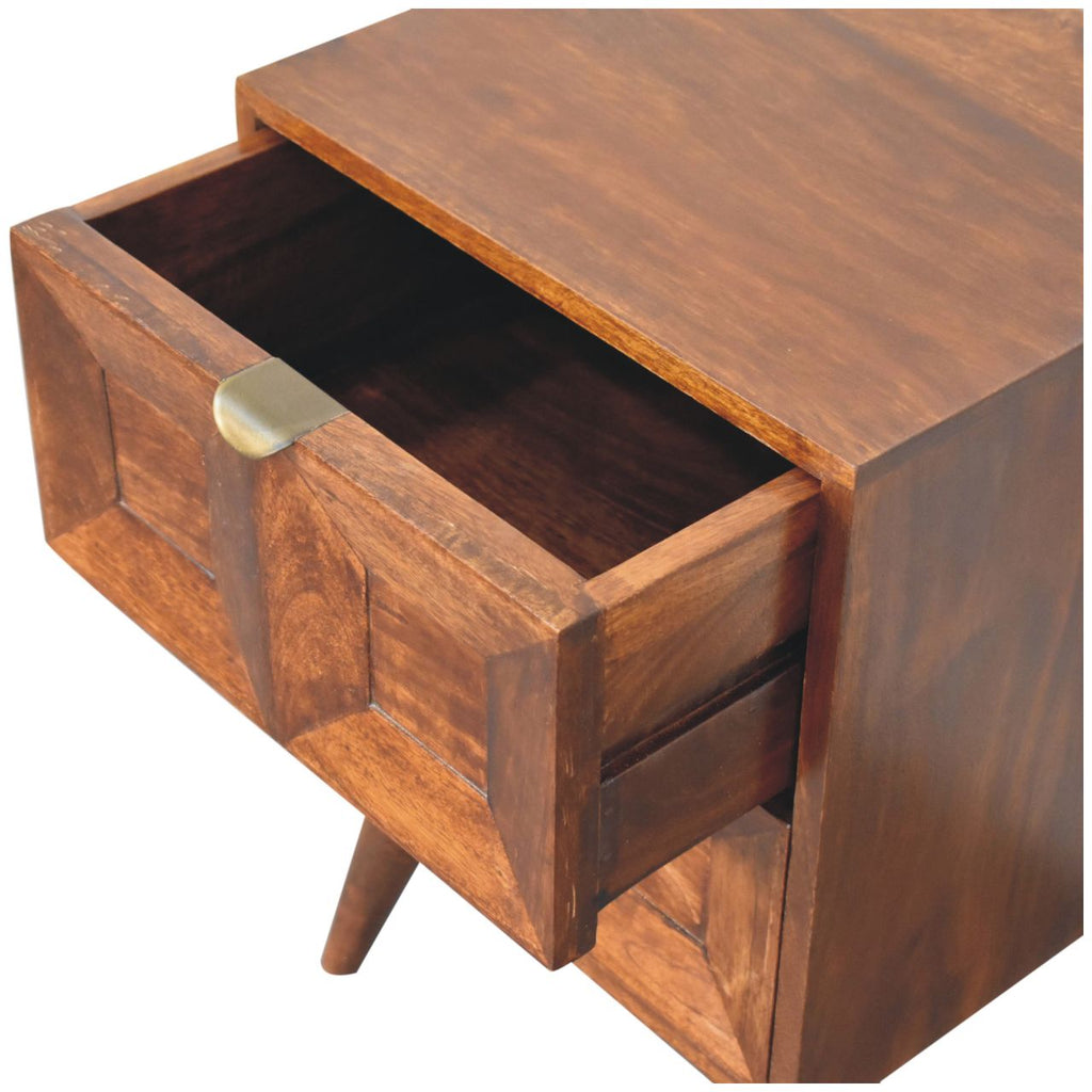 Quad bedside table in chestnut finish – angled view showing storage drawers