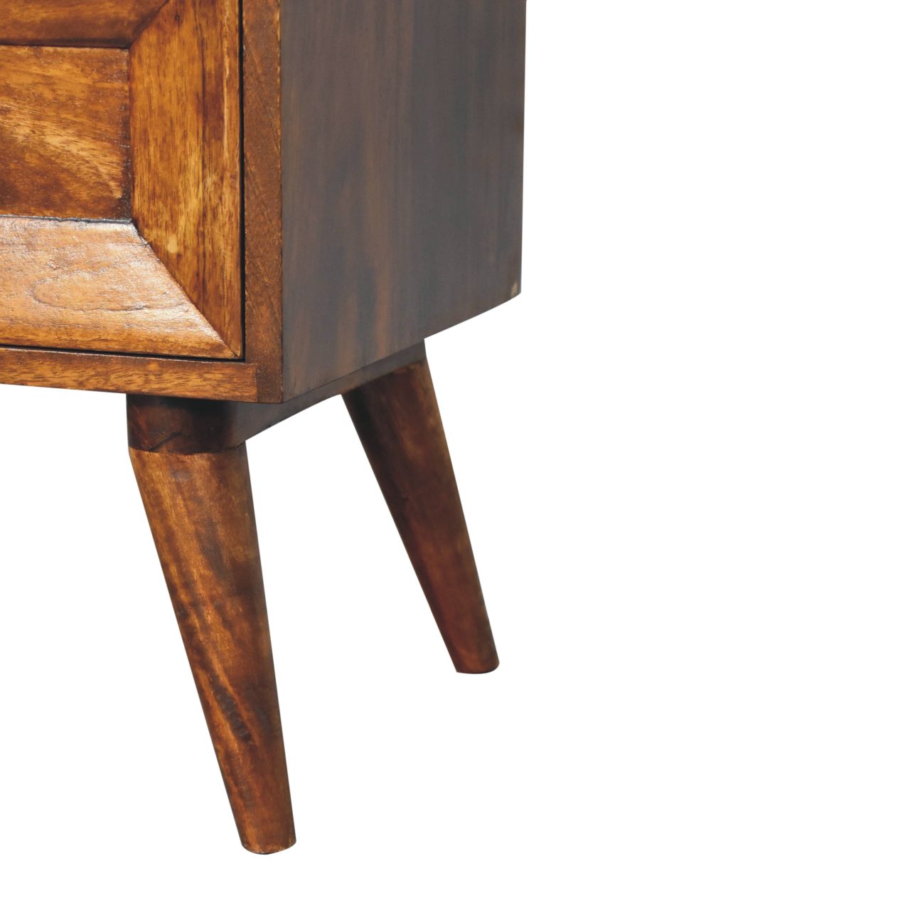 Quad mango wood bedside table rear view in chestnut finish
