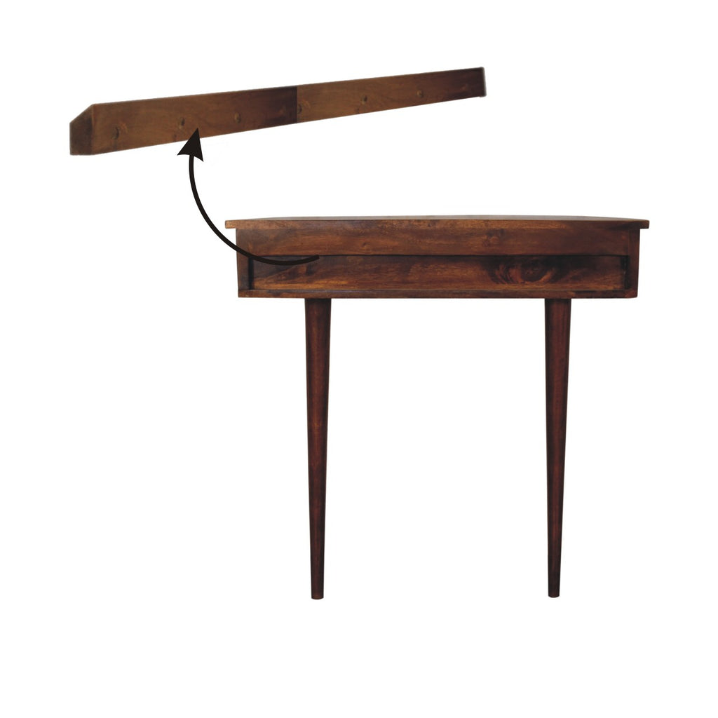 Backless chestnut console close-up of construction detail
