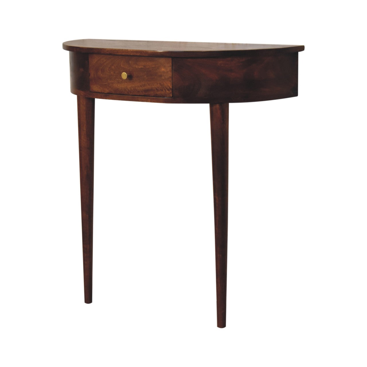 Backless chestnut console table side view showing leaning profile