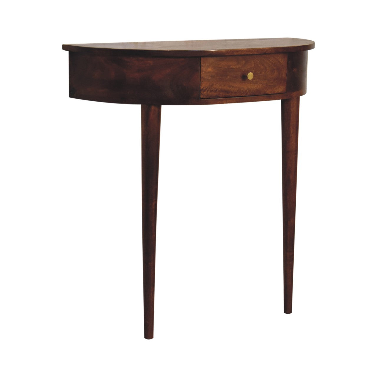 Backless console table drawer detail in chestnut finish
