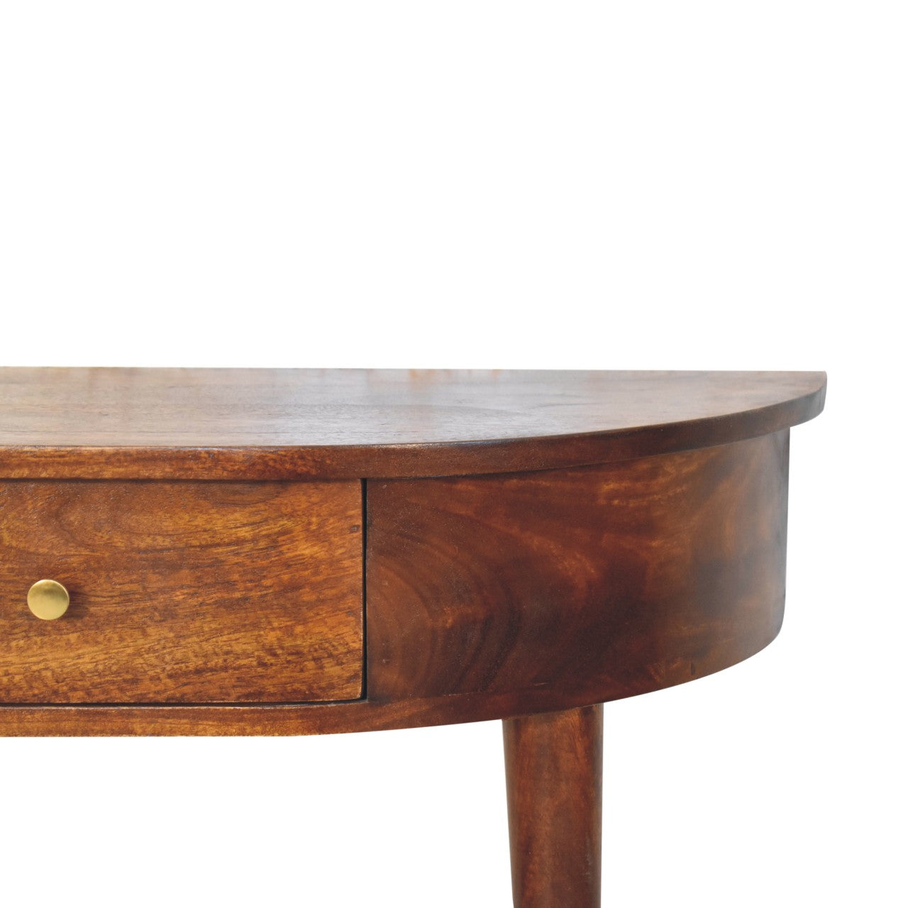 Backless chestnut console mounted against wall in hallway