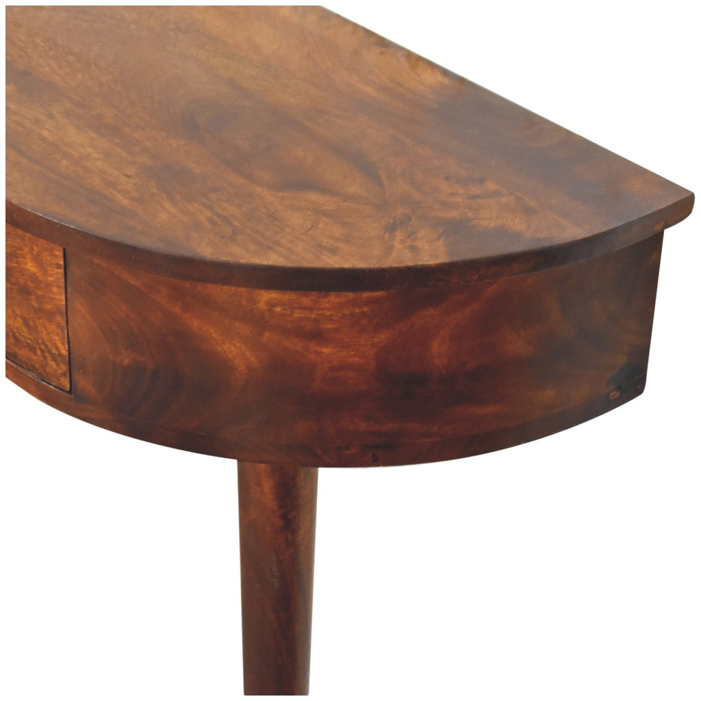 Backless chestnut console table rear view