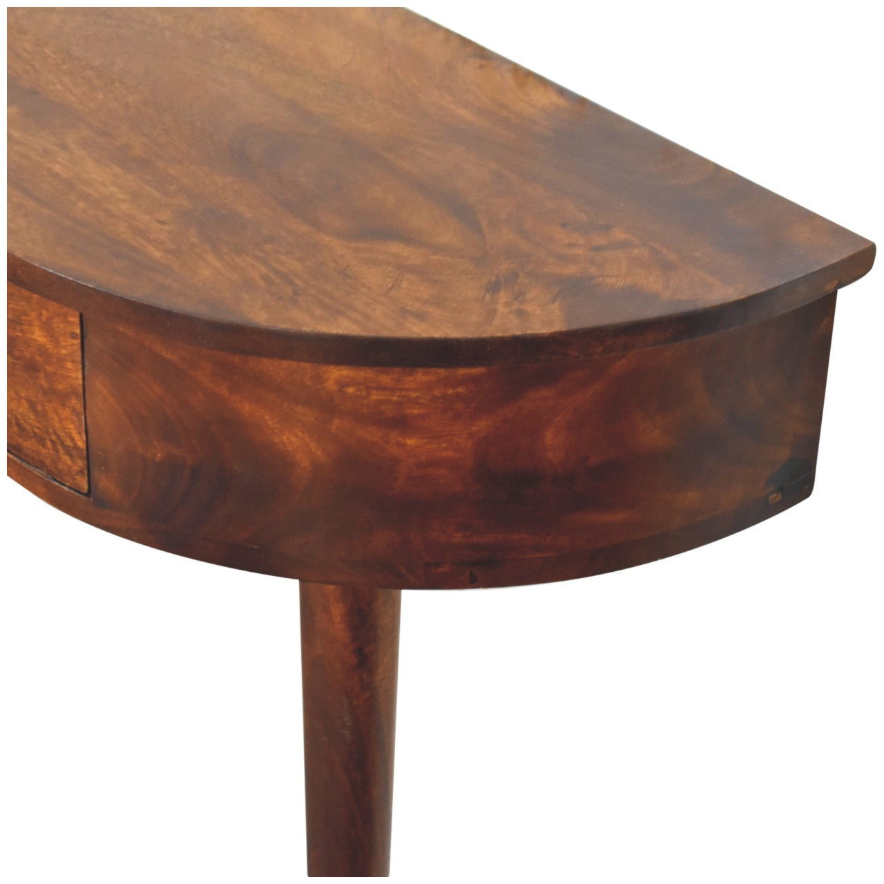 Backless chestnut console table rear view