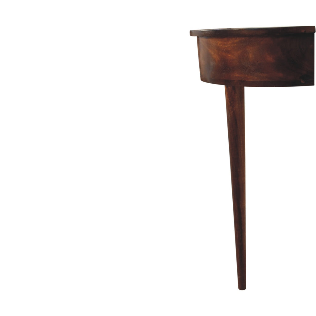 Backless chestnut console table lifestyle living room setting