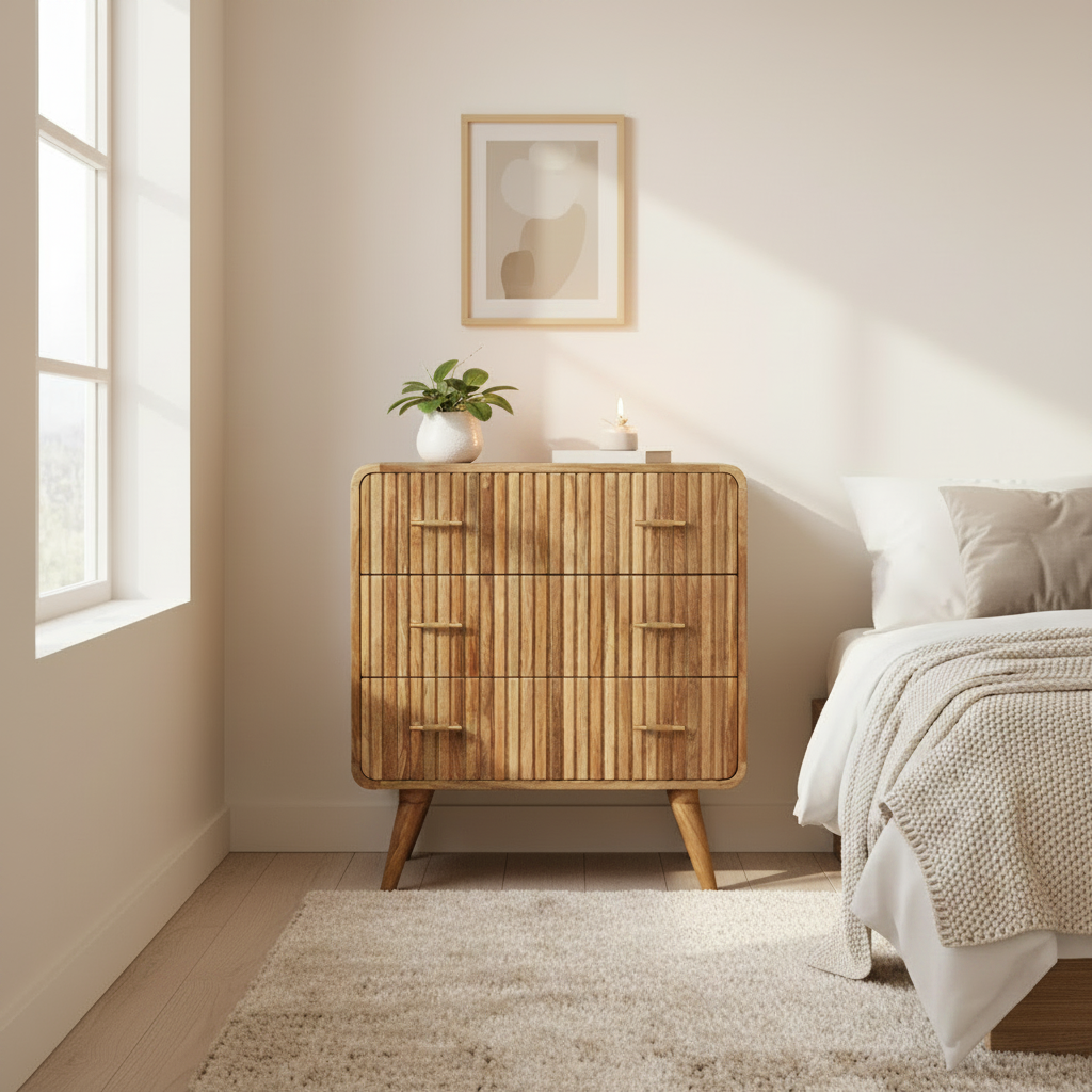 Oslo fluted chest of drawers solid mango wood with foldable mirror top – front view