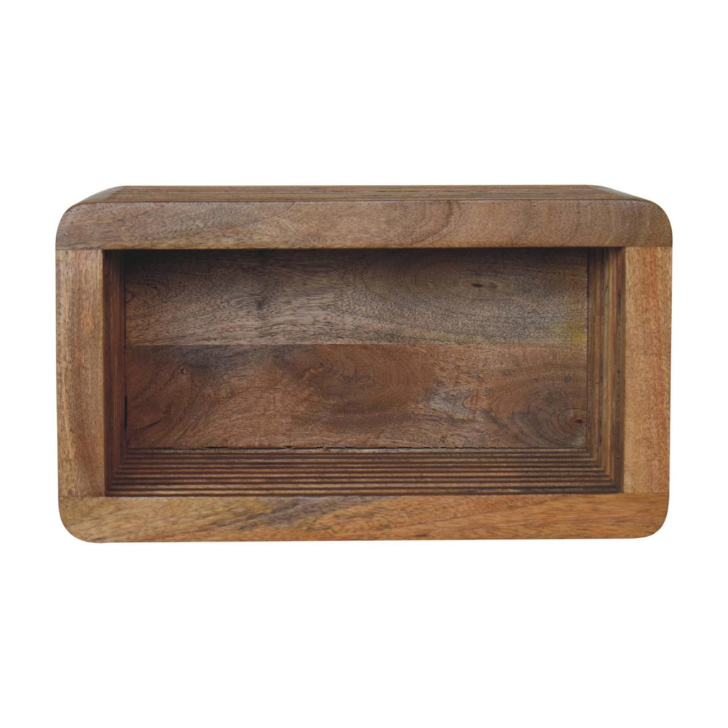Soba wall-mounted bedside table in oak finish with hand-carved line detail – front view