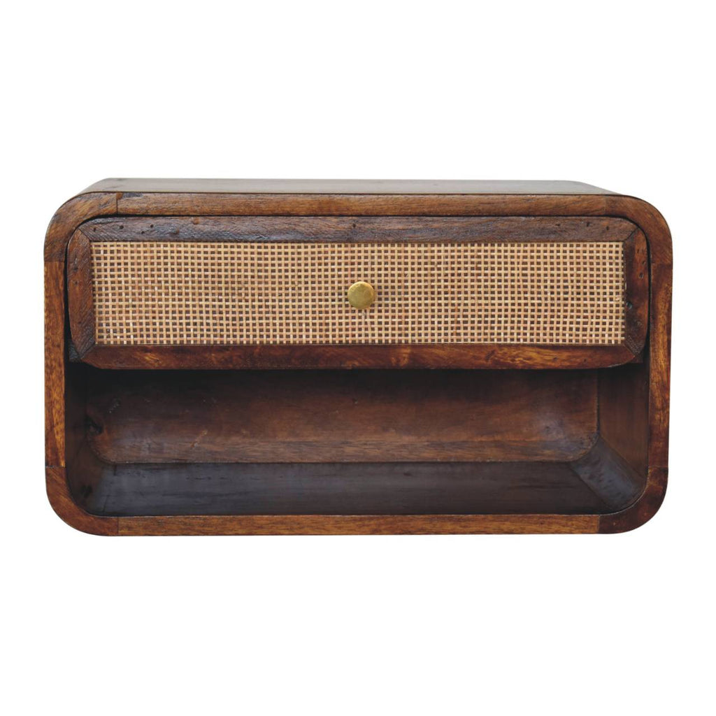 Chestnut woven wall-mounted bedside table with open slot and brass knob – front view