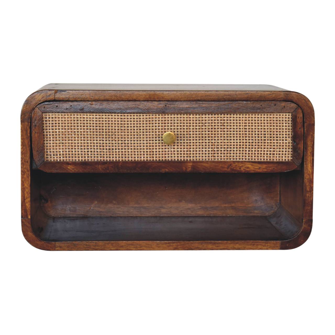 Chestnut woven wall-mounted bedside table with open slot and brass knob – front view