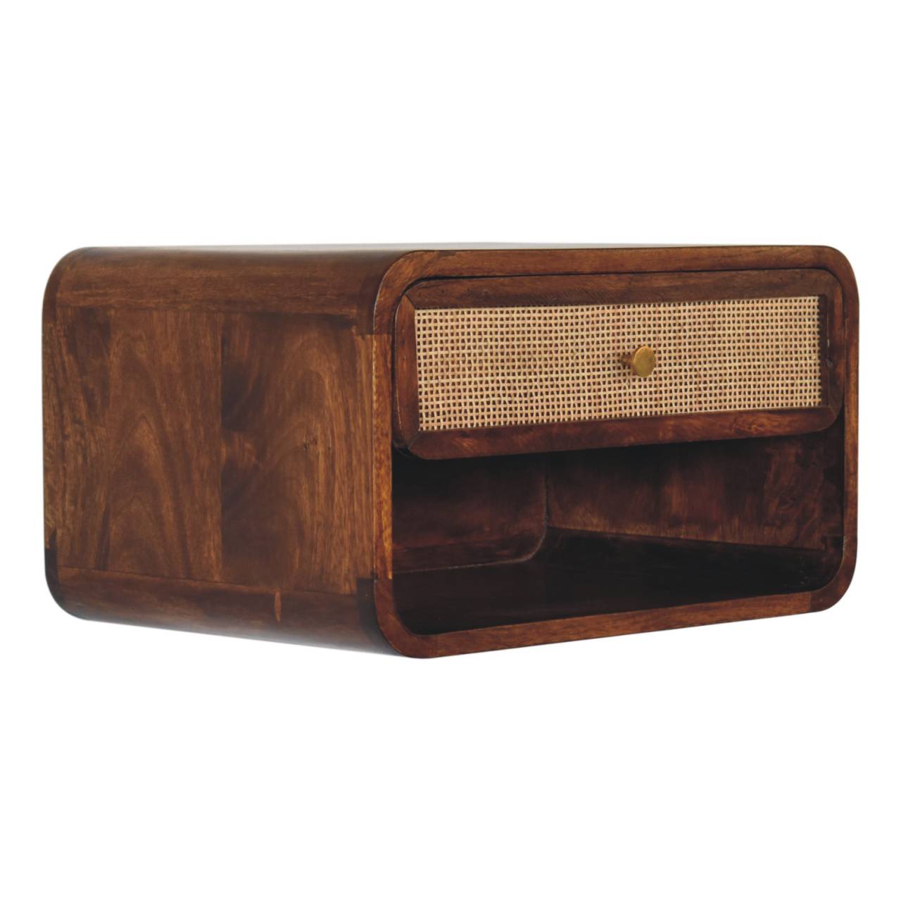 Chestnut woven bedside table mounted on wall – side angle