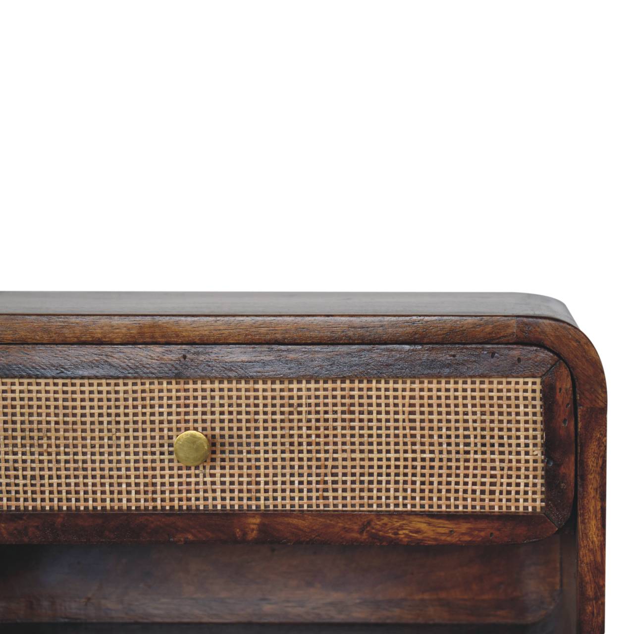 Wall-mounted woven bedside in chestnut finish in bedroom setting