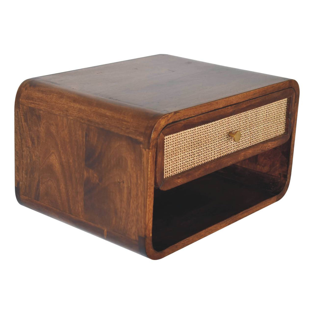 Chestnut woven bedside table top surface view